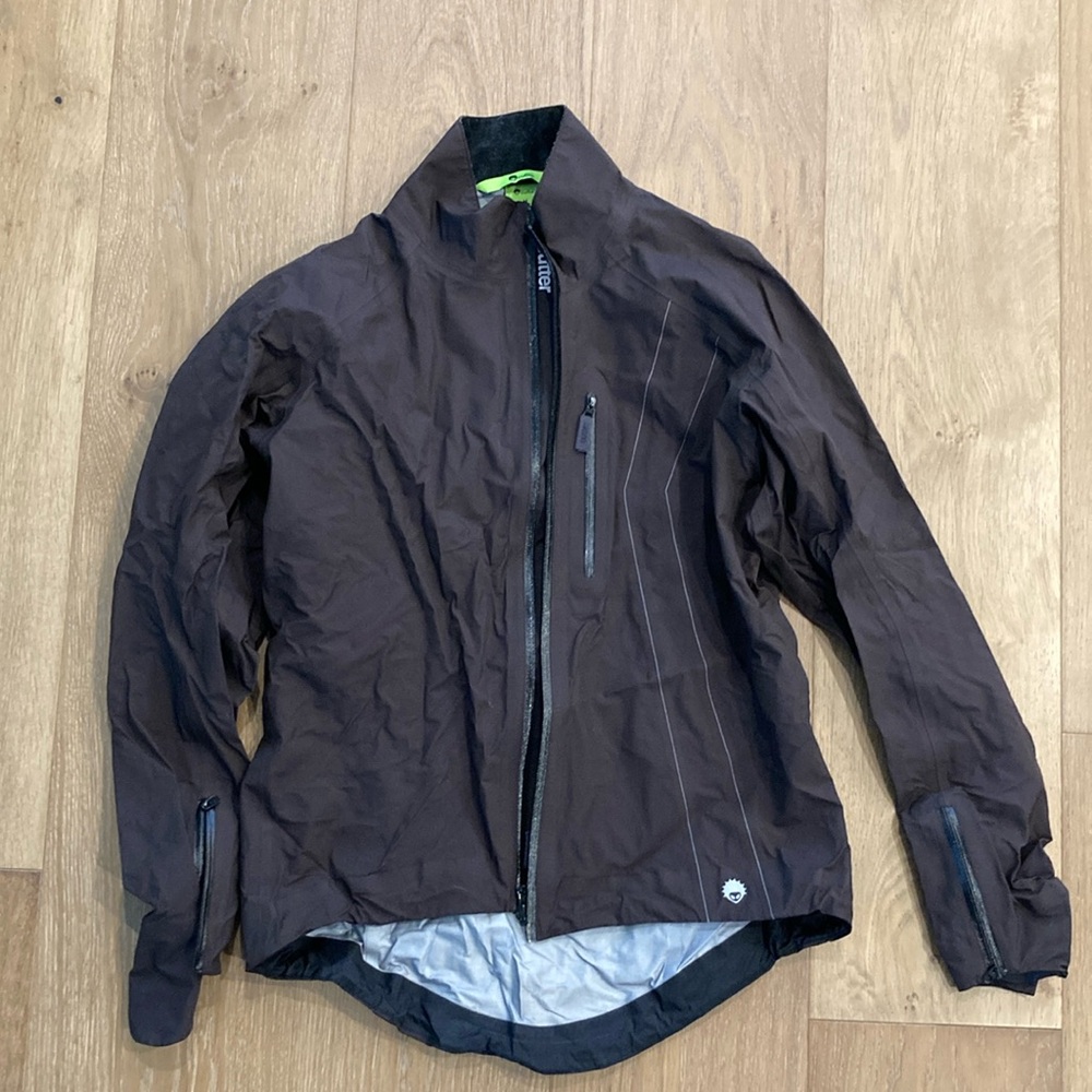 Cutter cycling rain jacket, size Medium, dark brown. Made in Canada!